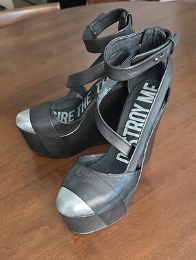 Metallic Charcoal Platform Wedge Sandals